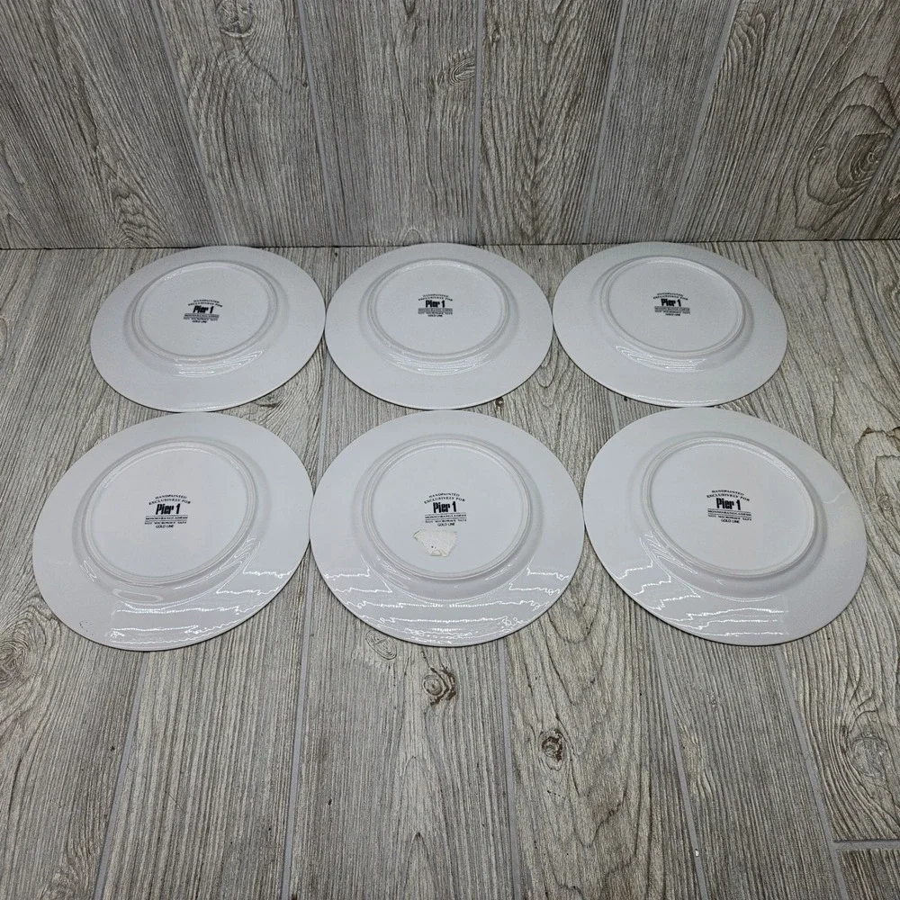 Pier 1 Gold Line Salad Plates Set of 6 White Ceramic Beaded Rim Gold Edge 7.75in